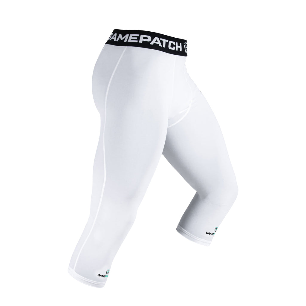 White compression leggings with black waistband on a white background