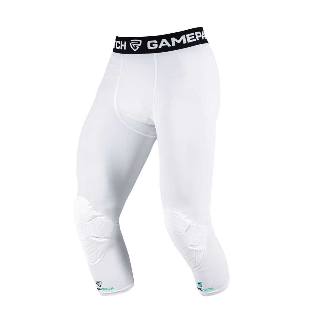 White compression leggings with a black waistband featuring 'GamePatch' branding on a white background.