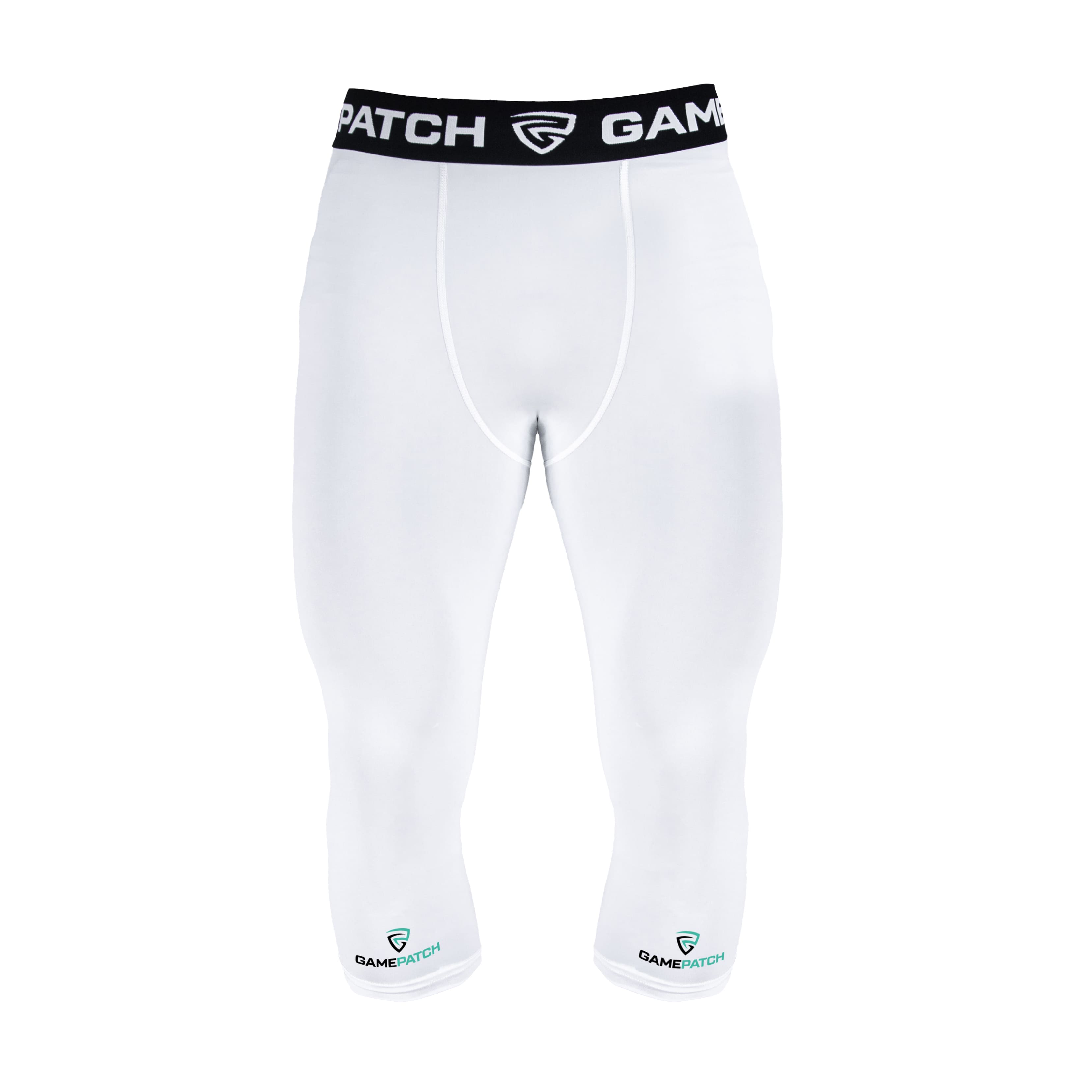 White compression pants with black waistband and logos on a white background