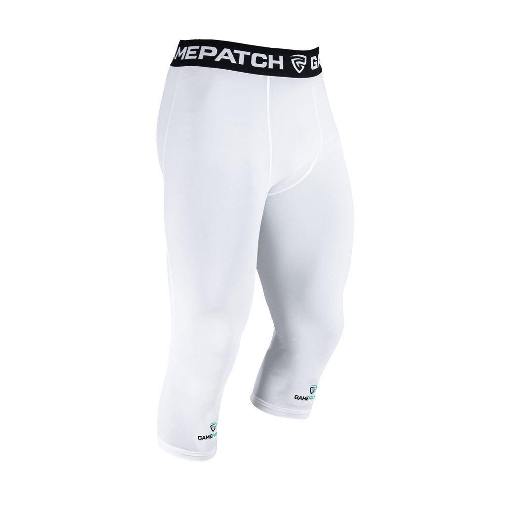 White compression leggings with black waistband on a white background