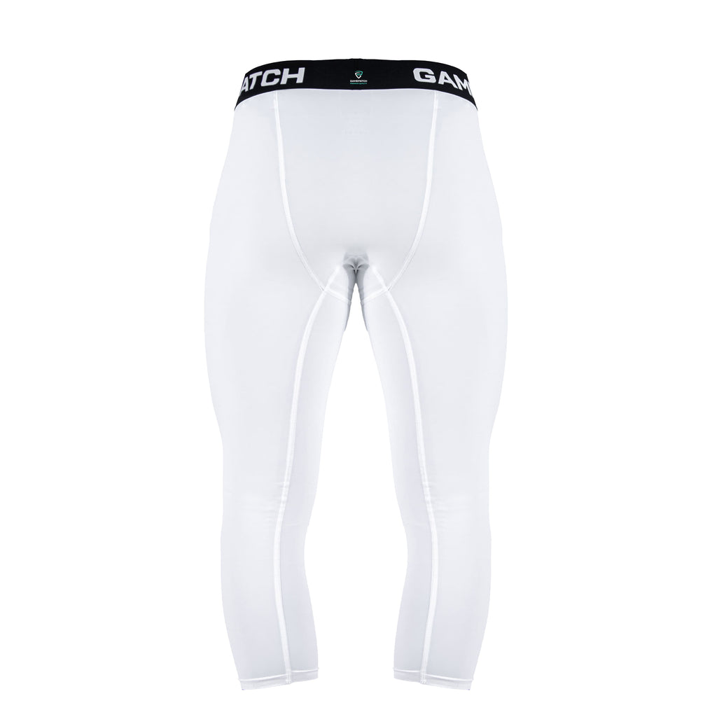 White compression leggings with black waistband on a white background