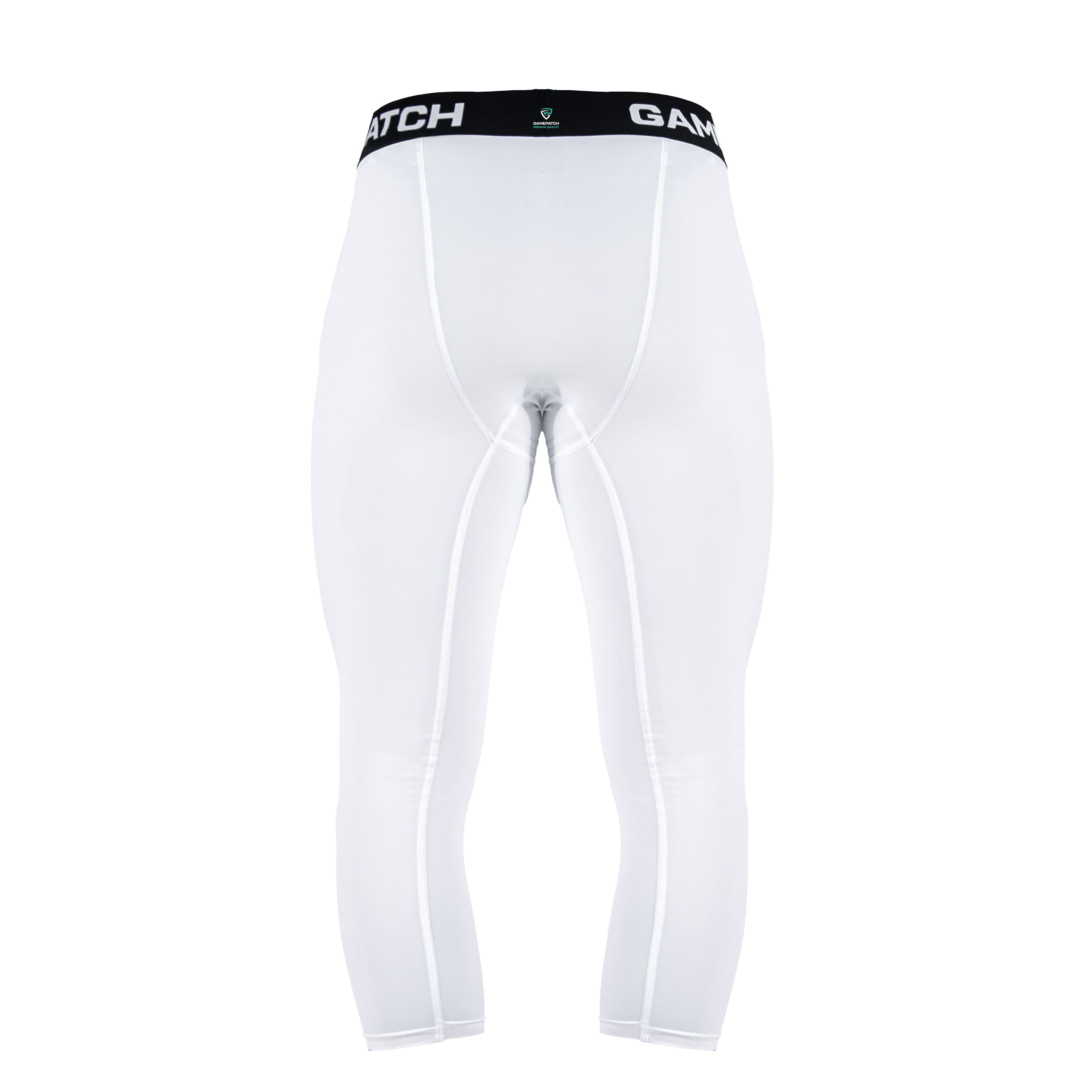 White compression leggings with black waistband on a white background