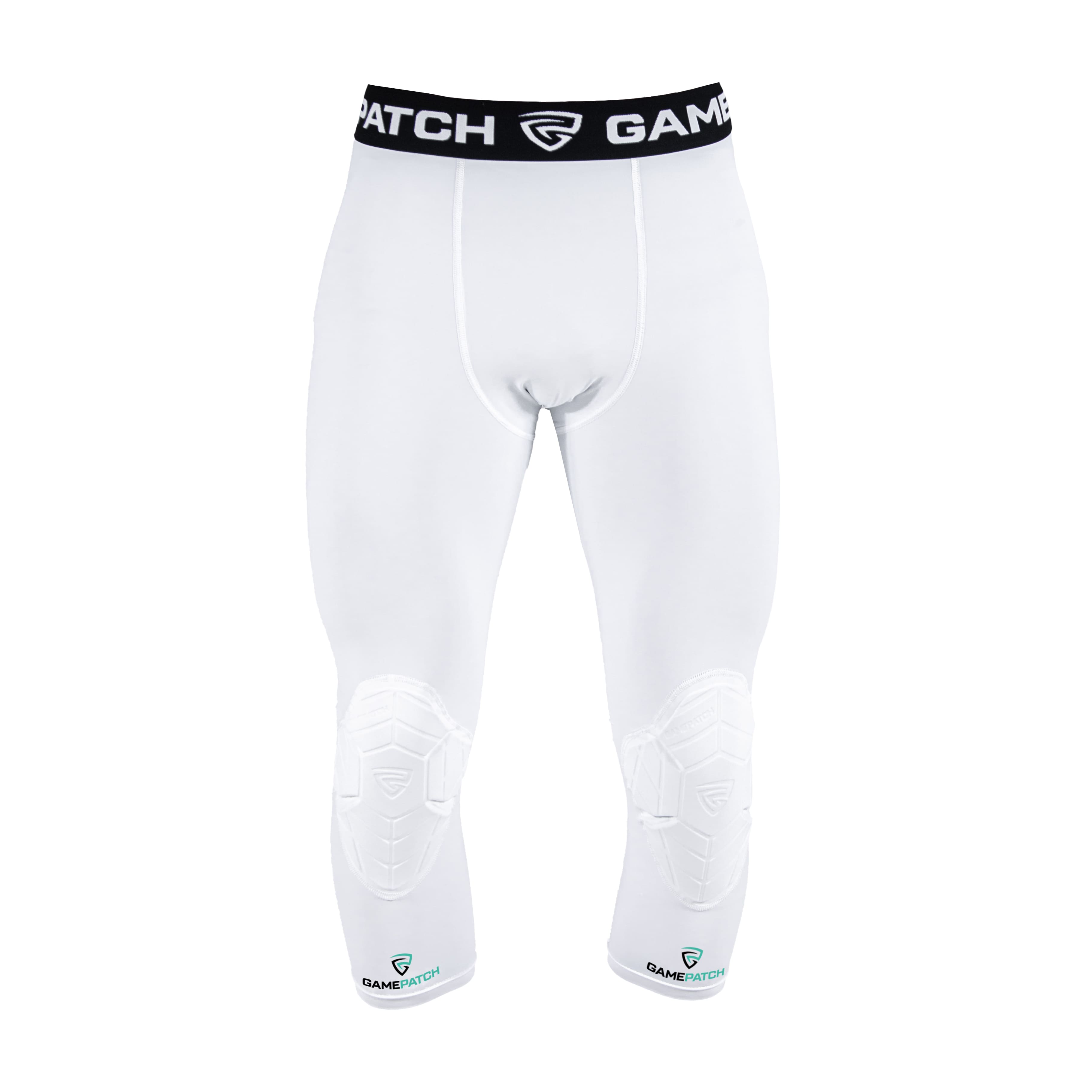 White compression pants with black waistband on a white background