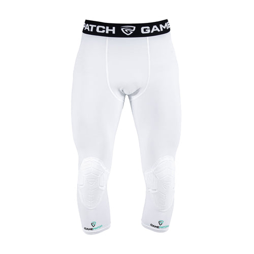 White compression pants with black waistband on a white background