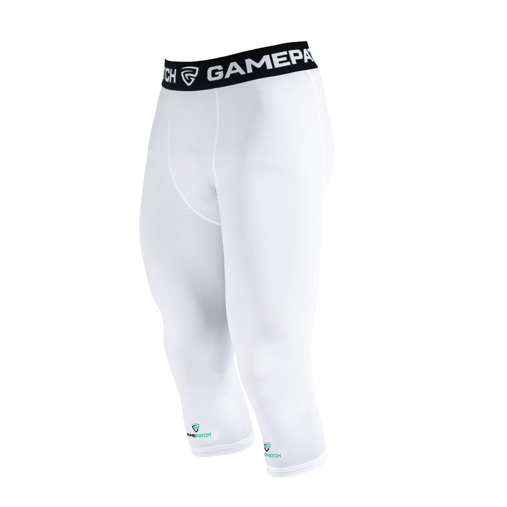 White compression leggings with black waistband featuring 'GamePatch' branding on a white background.