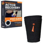 Black wrist sleeve with orange logo next to its packaging on a white background