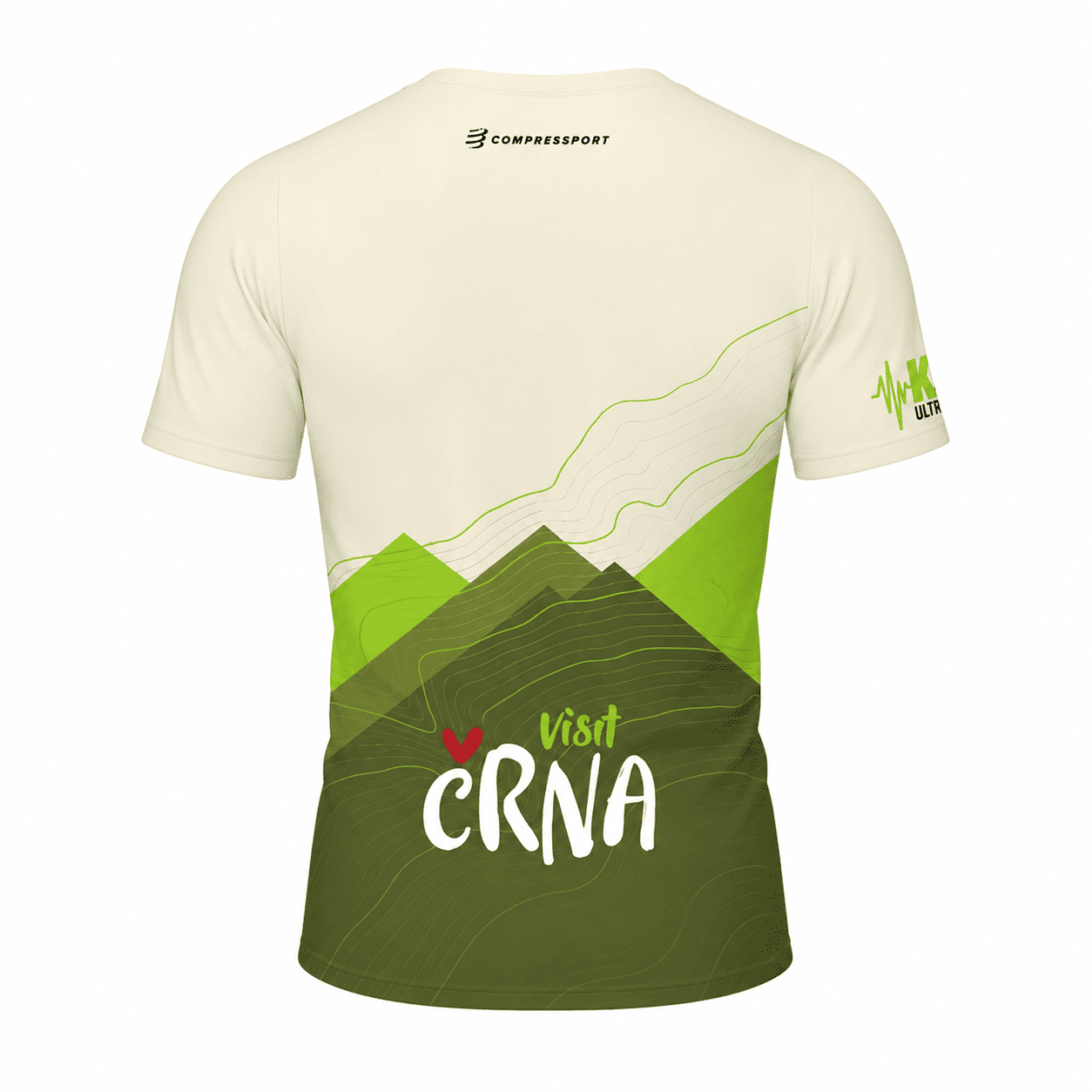 A short-sleeve athletic t-shirt shown from the back, featuring a cream base with a green topographic mountain graphic and the text 'Visit CRNA' in white and green. The brand 'COMPASSPORT' is printed at the back neck, and a logo is visible on the right sleeve.